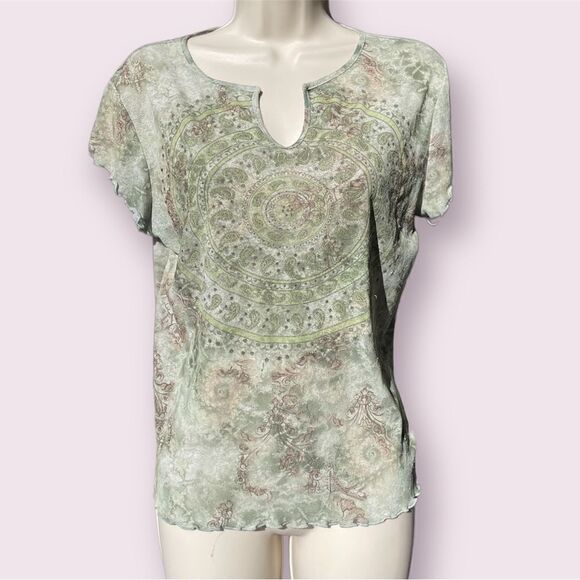 TeeCo Vintage Bohemian Green Blouse Size Large - Picture 1 of 4